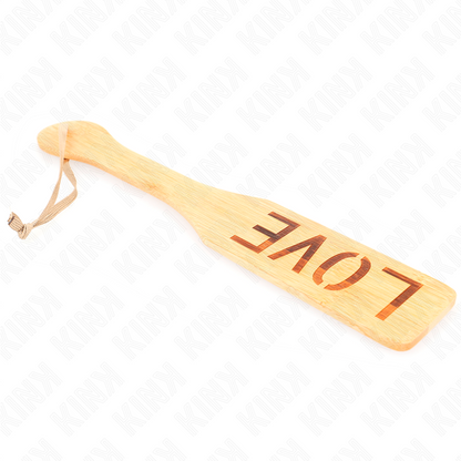 KINK Paleta de Bambu Palavra Amor 32x5,5cm para BDSM, exibindo o design e a gravação 'Amor'.