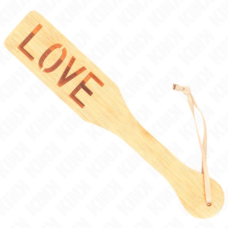 KINK Paleta de Bambu Palavra Amor 32x5,5cm para BDSM, exibindo o design e a gravação 'Amor'.
