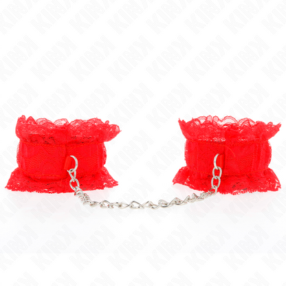 KINK Punhos Elásticos de Renda Vermelho para BDSM, exibindo o design sensual da renda e material elástico.