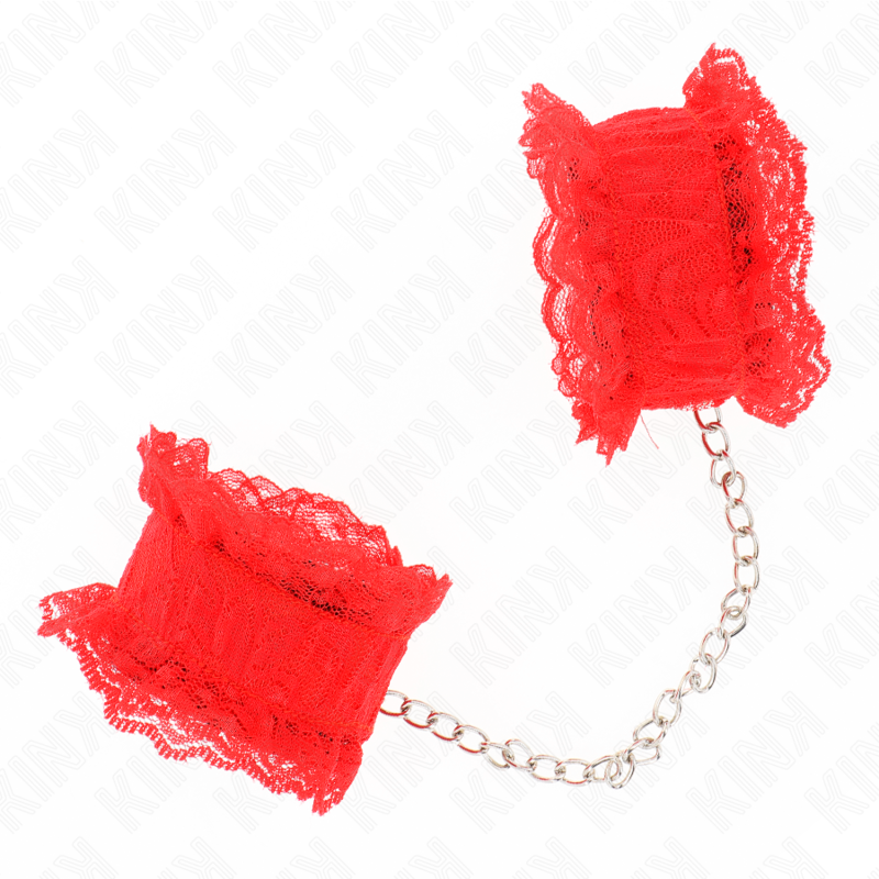 KINK Punhos Elásticos de Renda Vermelho para BDSM, exibindo o design sensual da renda e material elástico.