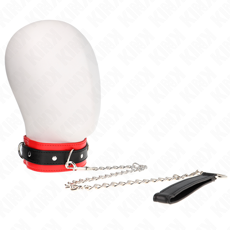 KINK Colar e Trela Modelo Básico Vermelho 53x5cm com 65cm para BDSM, exibindo detalhes do material e design.