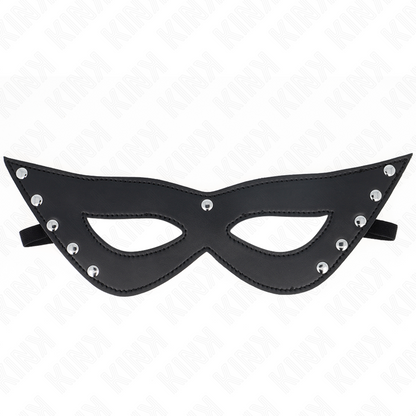 Máscara de Olhos KINK com 5 Rebites para experiências BDSM, mostrando detalhes do design e material.