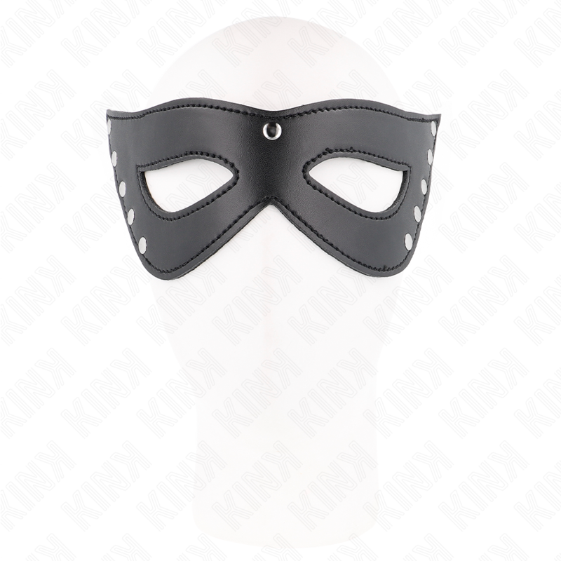 Máscara de Olhos KINK com 5 Rebites para experiências BDSM, mostrando detalhes do design e material.