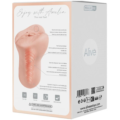 Close-up do Masturbador Masculino ALIVE Flex Vaginal Realista M, mostrando sua textura e abertura.
