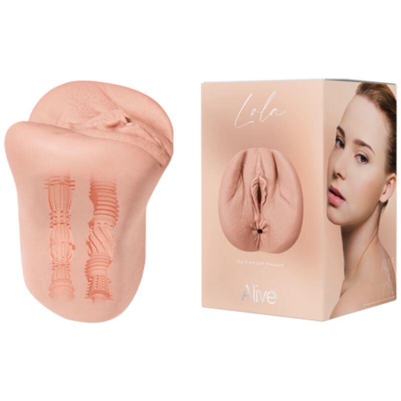Close-up do ALIVE Masturbador Masculino Vaginal Flexível, mostrando sua textura realista e design ergonômico.