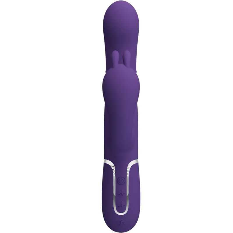 Close-up do vibrador PRETTY LOVE Cammy Triplo Multifunção 4 em 1 Roxo, mostrando seu design curvo e textura de silicone.