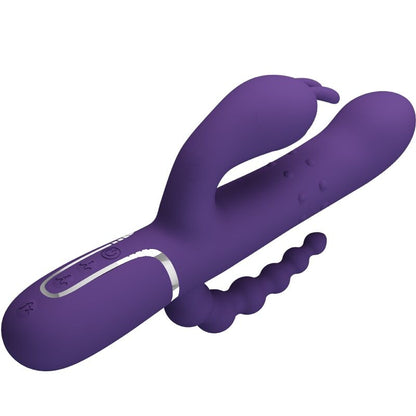 Close-up do vibrador PRETTY LOVE Cammy Triplo Multifunção 4 em 1 Roxo, mostrando seu design curvo e textura de silicone.