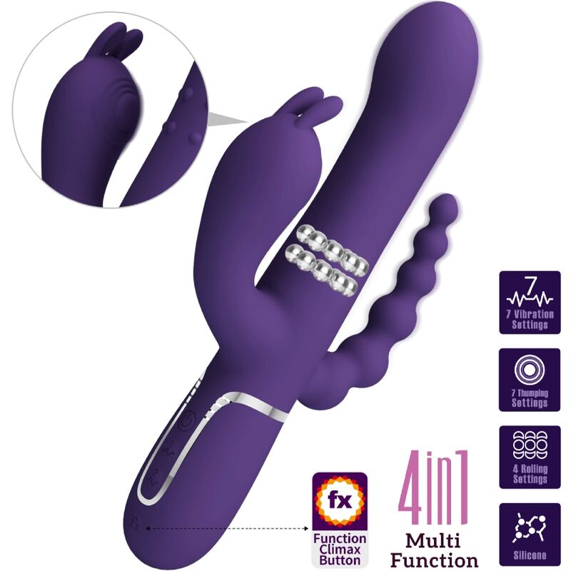Close-up do vibrador PRETTY LOVE Cammy Triplo Multifunção 4 em 1 Roxo, mostrando seu design curvo e textura de silicone.