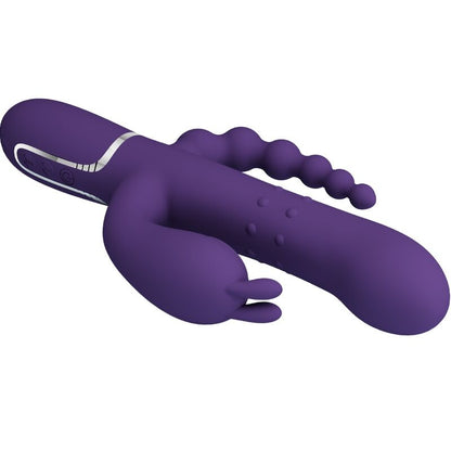 Close-up do vibrador PRETTY LOVE Cammy Triplo Multifunção 4 em 1 Roxo, mostrando seu design curvo e textura de silicone.