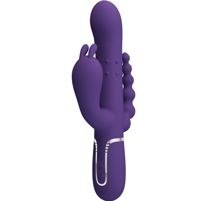 Close-up do vibrador PRETTY LOVE Cammy Triplo Multifunção 4 em 1 Roxo, mostrando seu design curvo e textura de silicone.