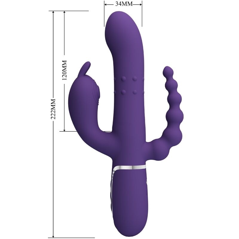 Close-up do vibrador PRETTY LOVE Cammy Triplo Multifunção 4 em 1 Roxo, mostrando seu design curvo e textura de silicone.