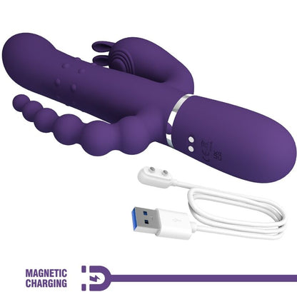 Close-up do vibrador PRETTY LOVE Cammy Triplo Multifunção 4 em 1 Roxo, mostrando seu design curvo e textura de silicone.