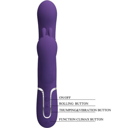 Close-up do vibrador PRETTY LOVE Cammy Triplo Multifunção 4 em 1 Roxo, mostrando seu design curvo e textura de silicone.