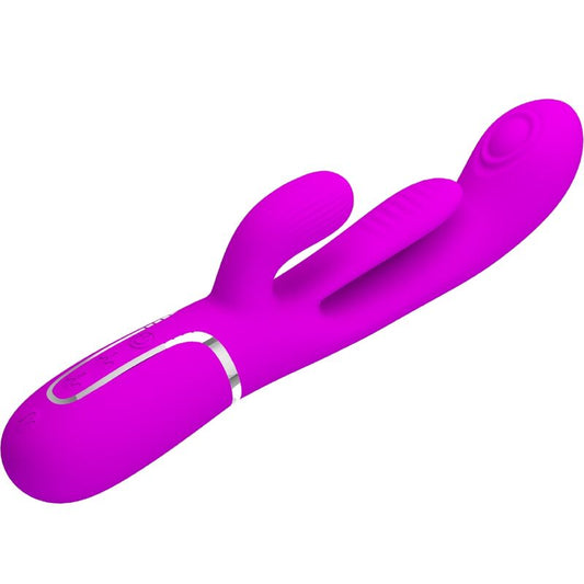 Close-up do PRETTY LOVE Vibrador Shania Triple Rabbit Multifuncional Rosa, mostrando sua textura em silicone e design para estimulação dupla.