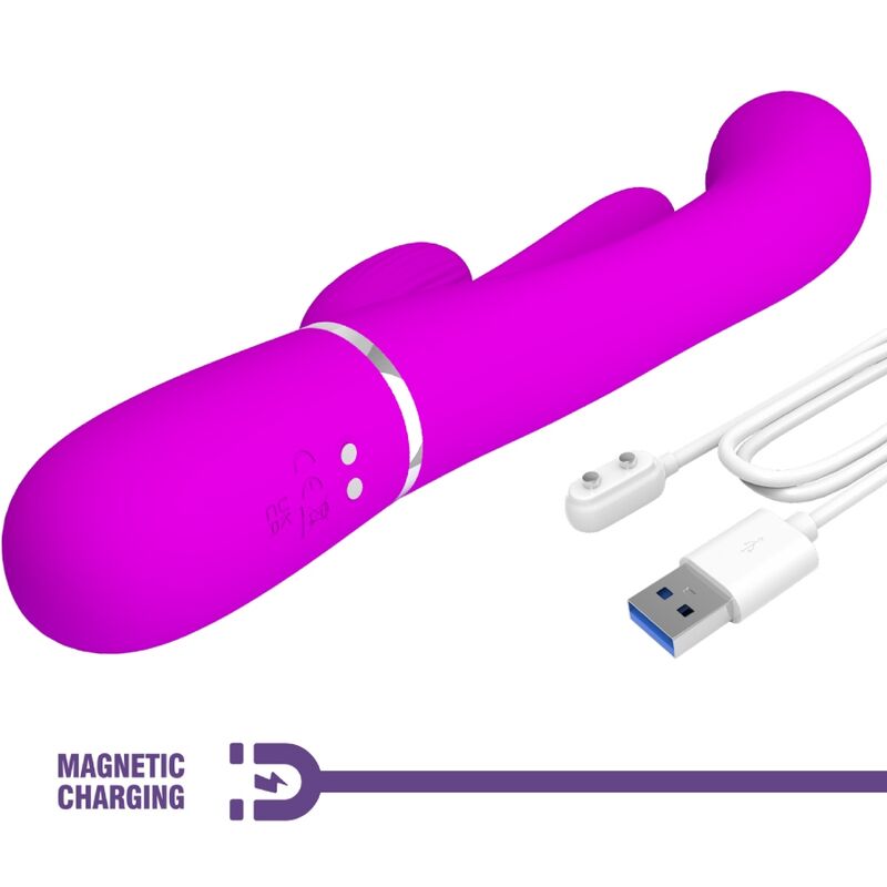 Close-up do PRETTY LOVE Vibrador Shania Triple Rabbit Multifuncional Rosa, mostrando sua textura em silicone e design para estimulação dupla.
