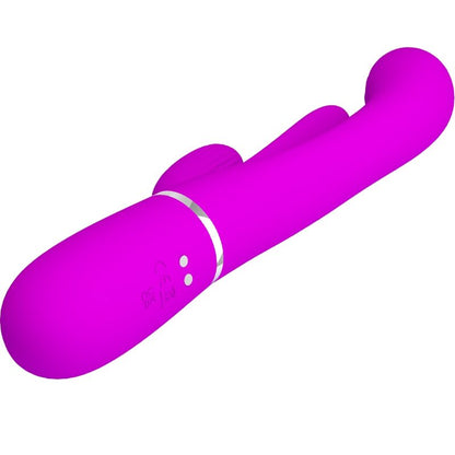Close-up do PRETTY LOVE Vibrador Shania Triple Rabbit Multifuncional Rosa, mostrando sua textura em silicone e design para estimulação dupla.