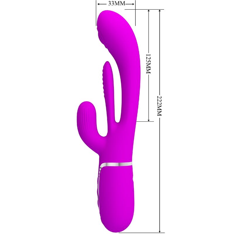 Close-up do PRETTY LOVE Vibrador Shania Triple Rabbit Multifuncional Rosa, mostrando sua textura em silicone e design para estimulação dupla.