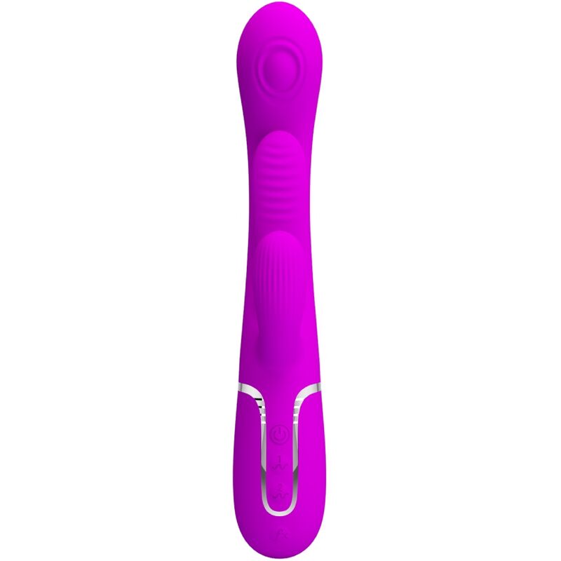 Close-up do PRETTY LOVE Vibrador Shania Triple Rabbit Multifuncional Rosa, mostrando sua textura em silicone e design para estimulação dupla.