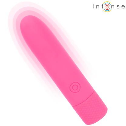 Bala vibratória INTENSE Symone rosa recarregável USB com 8 modos de vibração e 10cm de comprimento.