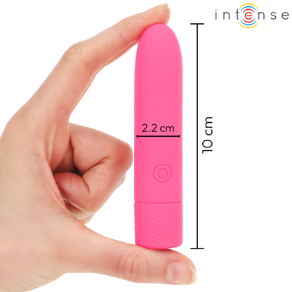 Bala vibratória INTENSE Symone rosa recarregável USB com 8 modos de vibração e 10cm de comprimento.