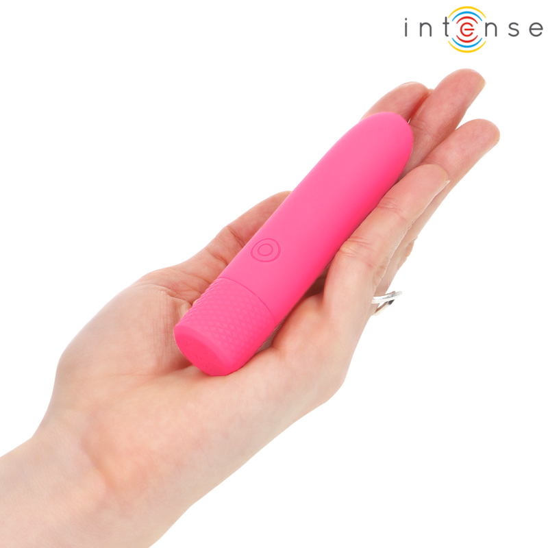 Bala vibratória INTENSE Symone rosa recarregável USB com 8 modos de vibração e 10cm de comprimento.