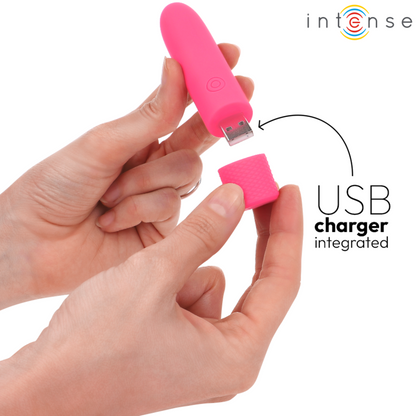 Bala vibratória INTENSE Symone rosa recarregável USB com 8 modos de vibração e 10cm de comprimento.