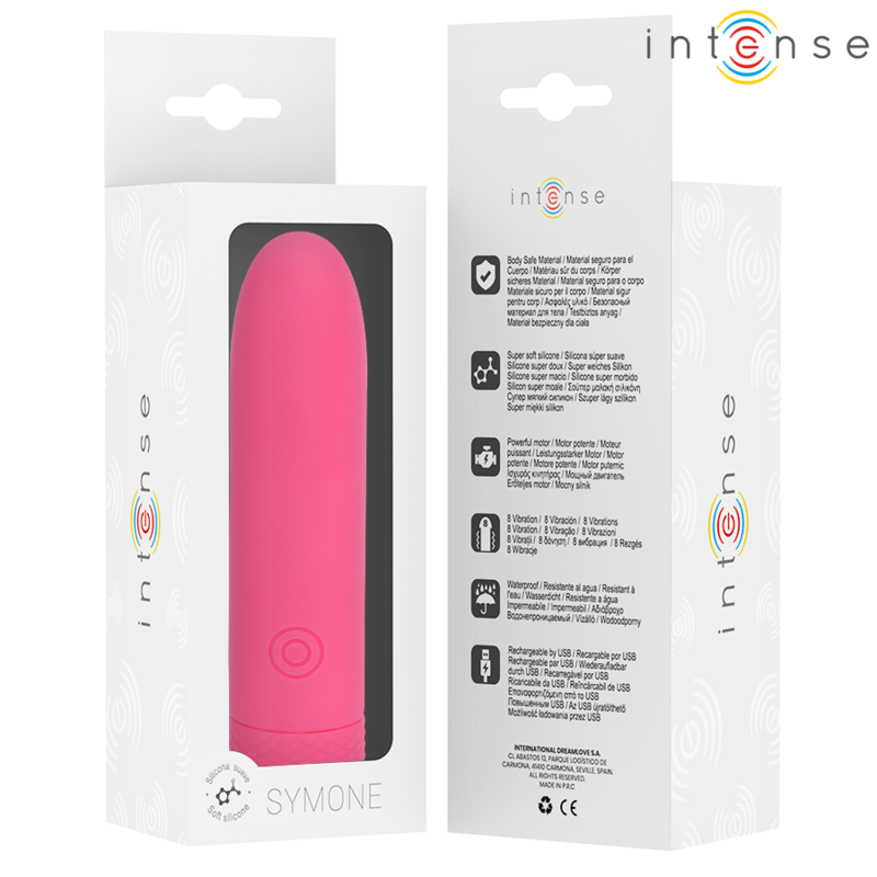Bala vibratória INTENSE Symone rosa recarregável USB com 8 modos de vibração e 10cm de comprimento.