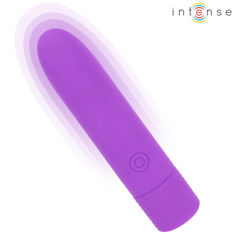 Close-up da Bala Vibratória INTENSE SYMONE USB Recarregável Roxo mostrando suas 8 vibrações e design compacto.