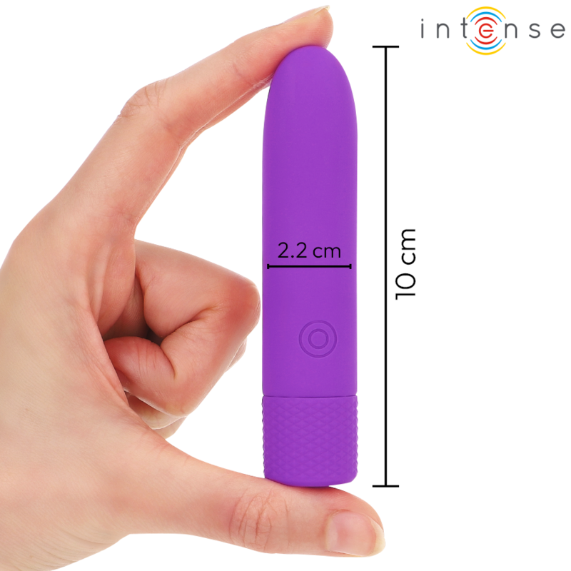 Close-up da Bala Vibratória INTENSE SYMONE USB Recarregável Roxo mostrando suas 8 vibrações e design compacto.
