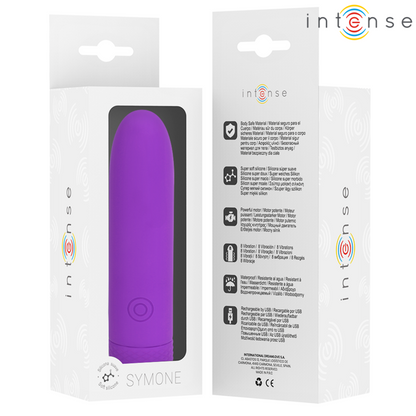 Close-up da Bala Vibratória INTENSE SYMONE USB Recarregável Roxo mostrando suas 8 vibrações e design compacto.