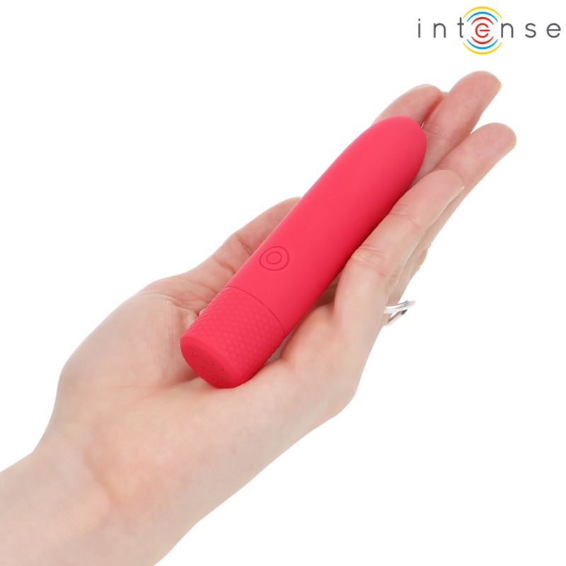 Bala vibratória INTENSE Symone USB recarregável vermelha, com design compacto e superfície de silicone.
