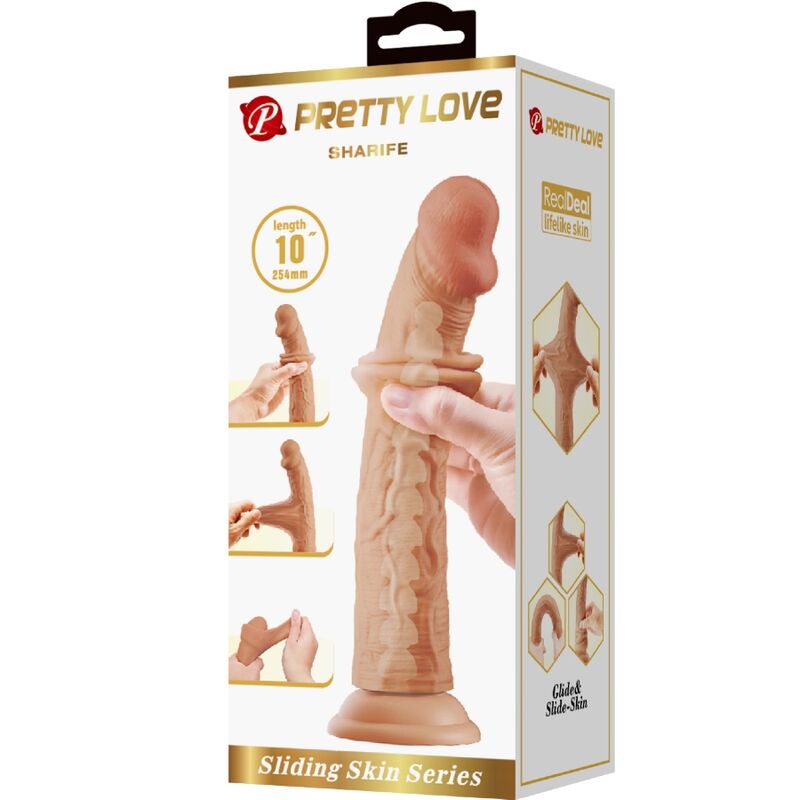 Close-up do Dildo Realista Sharife PRETTY LOVE 25cm em cor de carne com textura e ventosa.