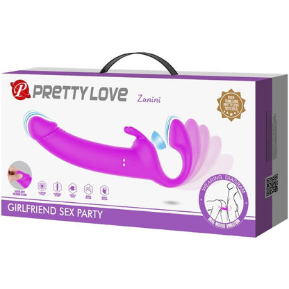 Pretty Love Strapless Strap-On Zanini em silicone roxo, com 10 vibrações e 10 modos de batida, projetado para prazer em casais.