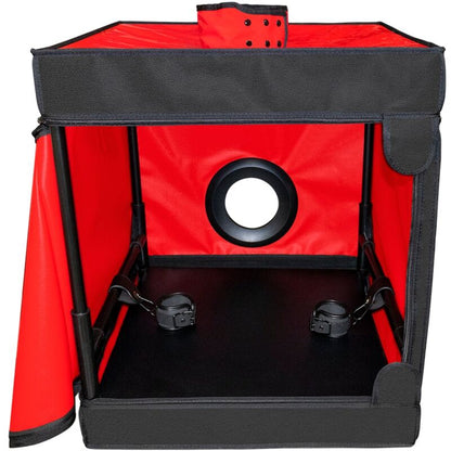 Close-up da Cabine Bukkake Kink Club SECRET DOME Preto e Vermelho, mostrando detalhes da estrutura e acessórios.