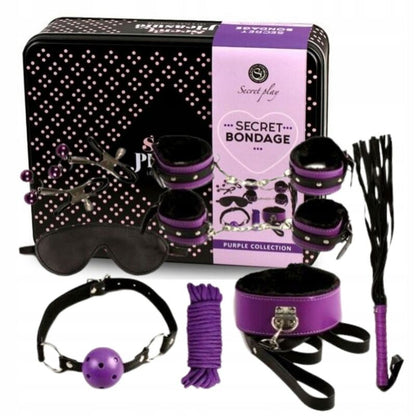SECRETPLAY BDSM Set 8 Peças Roxo/Preto, mostrando todos os acessórios de bondage.