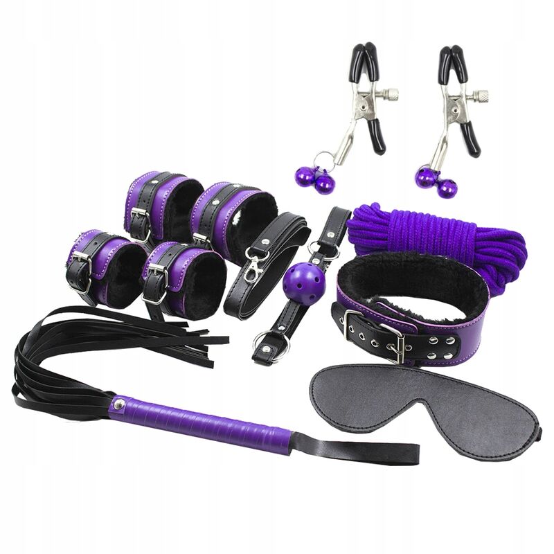 SECRETPLAY BDSM Set 8 Peças Roxo/Preto, mostrando todos os acessórios de bondage.