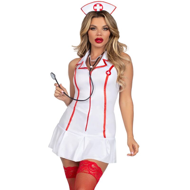 LEG AVENUE Fantasia de Enfermeira-Chefe Branca M/G, ideal para roleplay e festas a fantasia, com detalhes do vestido e acessórios.