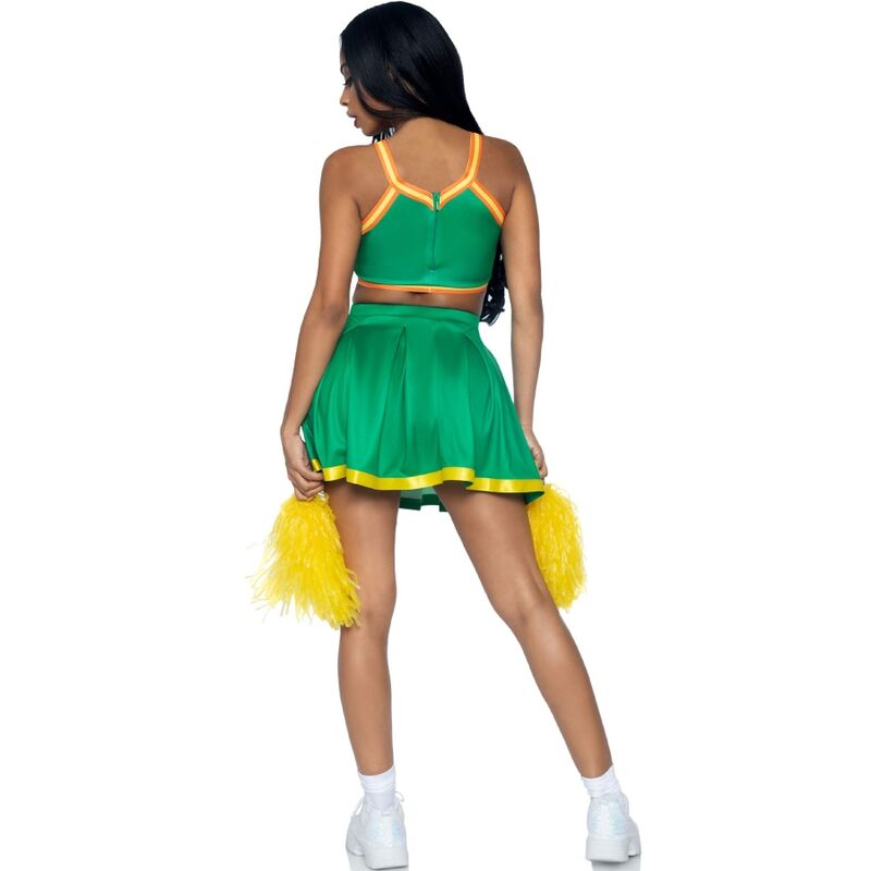 Fantasia de Líder de Torcida Leg Avenue Verde com crop top, saia plissada e pompons.