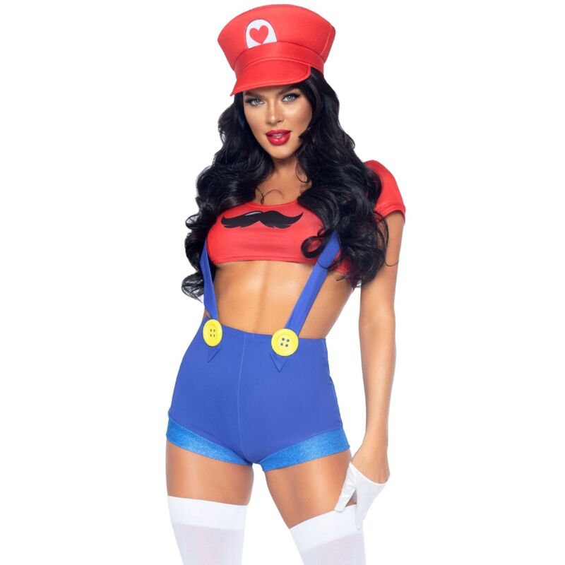Fantasia Sexy Mario Bros da LEG AVENUE, detalhe do cropped top e shorts com suspensórios.