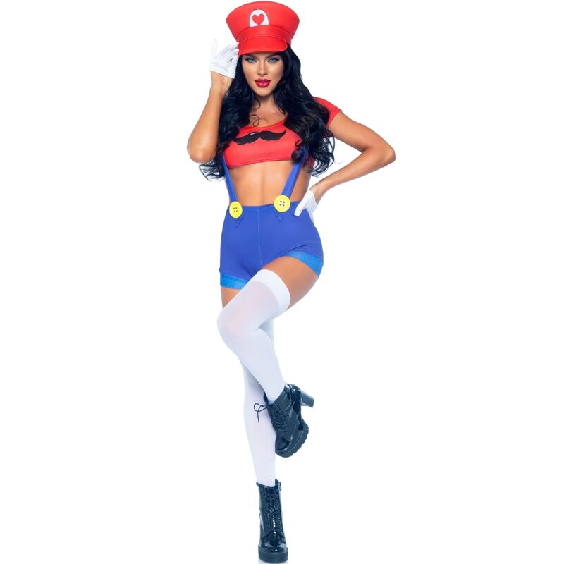 Fantasia Sexy Mario Bros da LEG AVENUE, detalhe do cropped top e shorts com suspensórios.