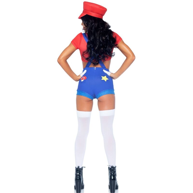 Fantasia Sexy Mario Bros da LEG AVENUE, detalhe do cropped top e shorts com suspensórios.