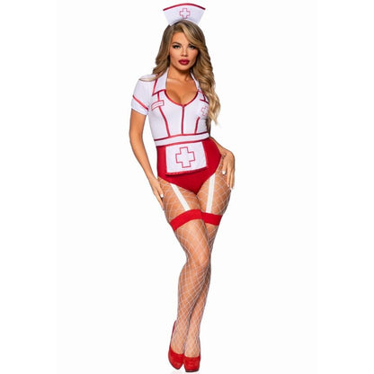 Fotografia da Fantasia de Enfermeira Sexy LEG AVENUE Vermelho/Branco M, destacando o design e os detalhes.