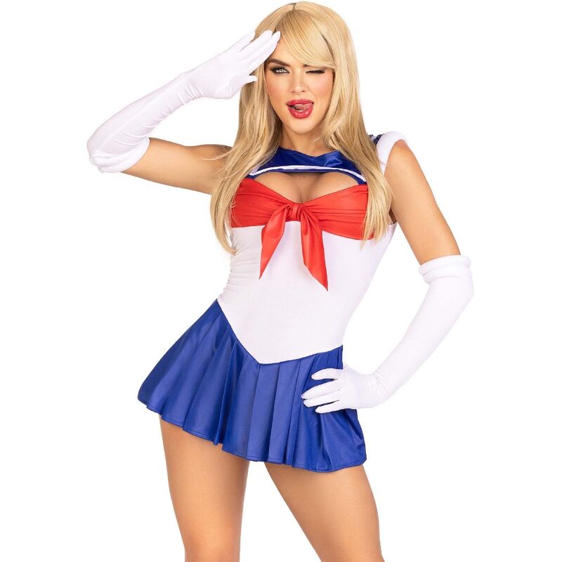 Traje Sexy Marinheiro Multicolor Leg Avenue em tamanho S, mostrando o body, saia e luvas.