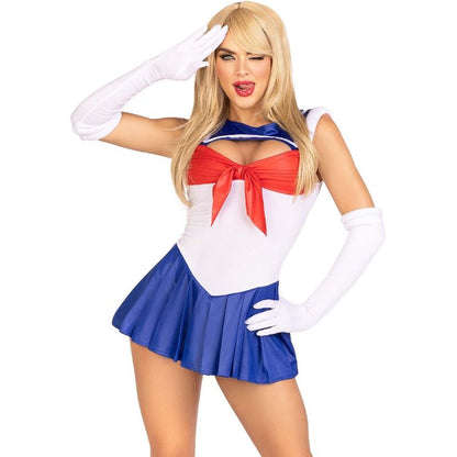 Traje Sexy Marinheiro Multicolor Leg Avenue em tamanho S, mostrando o body, saia e luvas.