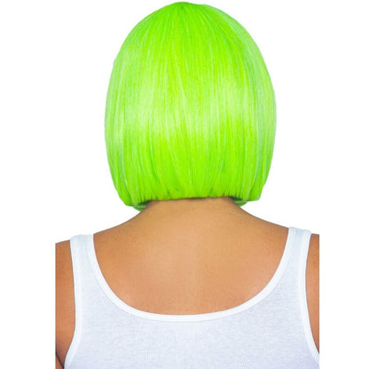 LEG AVENUE Peruca Bob Fluorescente Verde Neon em destaque, mostrando o corte moderno e a cor vibrante para eventos festivos.