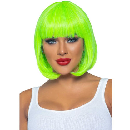 LEG AVENUE Peruca Bob Fluorescente Verde Neon em destaque, mostrando o corte moderno e a cor vibrante para eventos festivos.