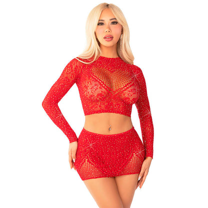 Close-up do LEG AVENUE Conjunto Cropped e Mini Saia Rede Brilhante Vermelho mostrando detalhes da malha e estampa de coração.