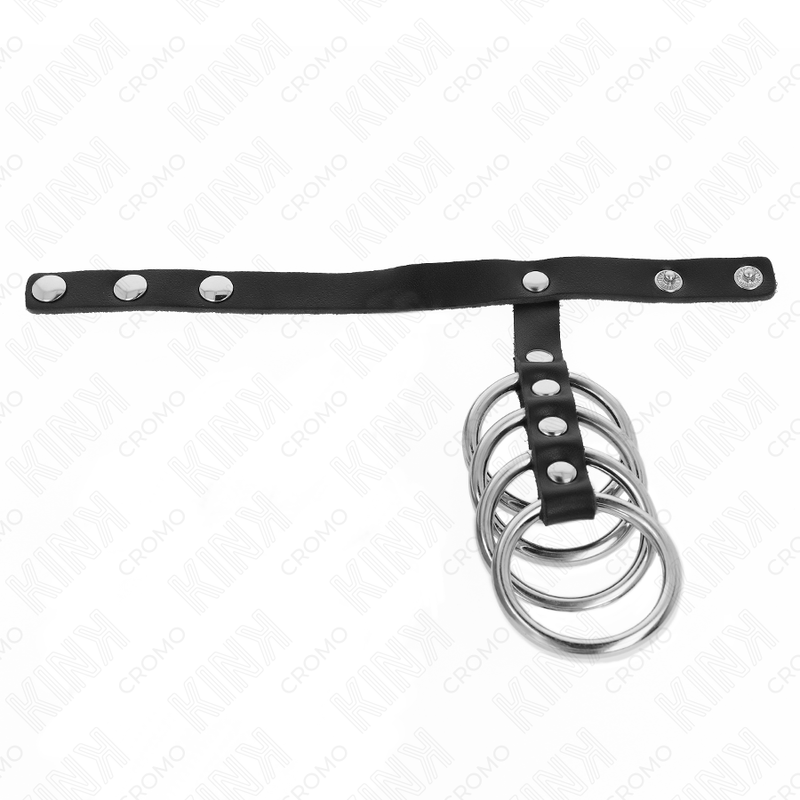 KINK 4 Anéis de Metal 3.8cm com Tira de Couro 22x1.5cm e Fecho para BDSM, detalhe