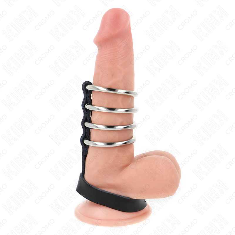 KINK 4 Anéis de Metal 3.8cm com Tira de Couro 22x1.5cm e Fecho para BDSM, detalhe