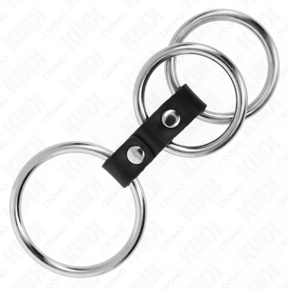 KINK Anel Peniano Triplo de Metal e Couro (3,7-5cm) para prazer intenso e ereções duradouras.